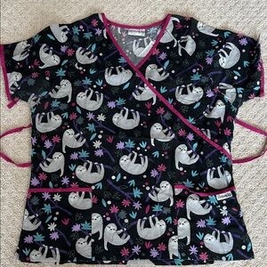 UA Scrubs Black and Pink Sloth Print Top